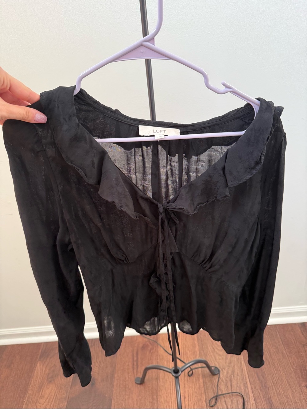 LOFT Black Sheer Long-Sleeve Tie-Front Blouse